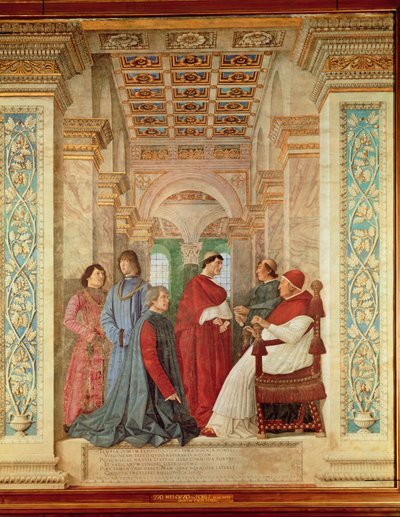 Papst Sixtus IV. installiert Bartolommeo Platina als Direktor der Vatikanischen Bibliothek, ca. 1477 von Melozzo da Forli